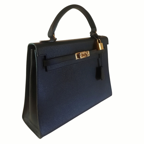 Vtg Black Epsom Leather Kelly Bag w/Clochette Lock Key & Strap GHW 32cm Italy - Picture 8 of 15